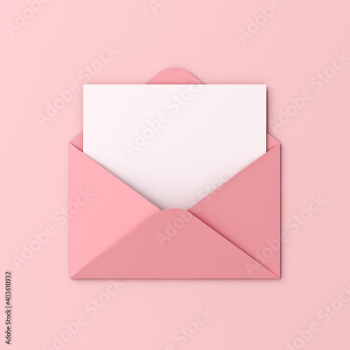 Blank white card in pink envelope isolated on pink pastel color background with shadow love letter minimal conceptual 3D rendering
