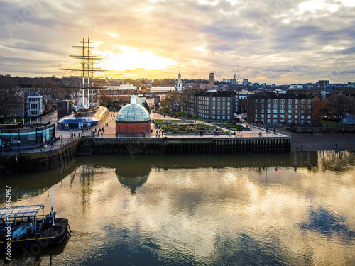 Aerial view of Cutty Sark and Greenwich Pier, London