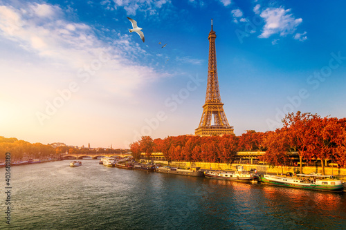 Eiffel tower in autumn foliage. Eiffel Tower with autumn leaves in Paris, France. Seine in Paris with Eiffel tower in autumn time. Paris with Eiffel tower in autumn time. Paris, France.