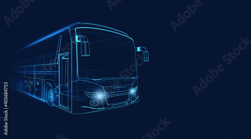 Wireframe of grand tour bus moving fast on a dark blue background