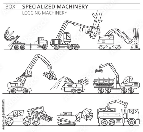 Special industrial logging machine linear vector icon set isolated on white