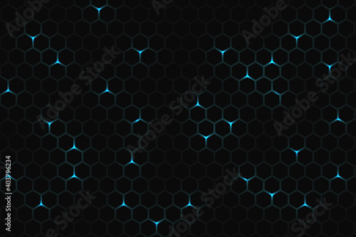 Dark technology hexagonal background. Abstract blue bright energy flashes under hexagon in dark technology modern futuristic background. Honeycomb texture grid.