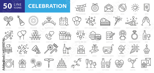 Party line icon set. Included icons as celebrate, celebration, dancing, music, congrats and more