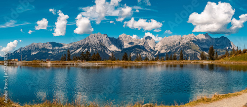High resolution stitched panorama of a beautiful alpine summer view with reflections in a lake at the famous Astberg summit, Going, Wilder Kaiser, Tyrol, Austria