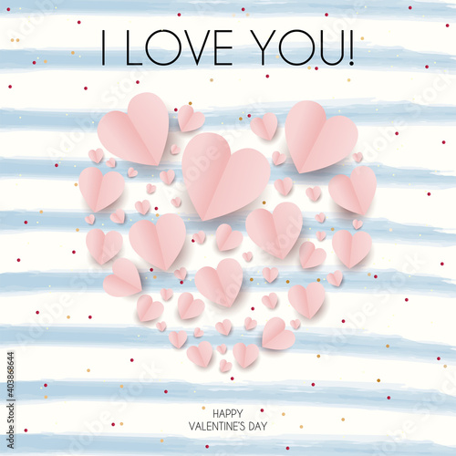 Valentines Day greeting card with paper cut pink hearts. I love you poster on the blue stripe background, vector illustration
