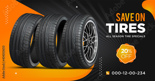 Tire sale out banner template. Grunge tire tracks background for landscape poster, digital banner, flyer, leaflet design. Disc on wheel in process of new tire replacement.