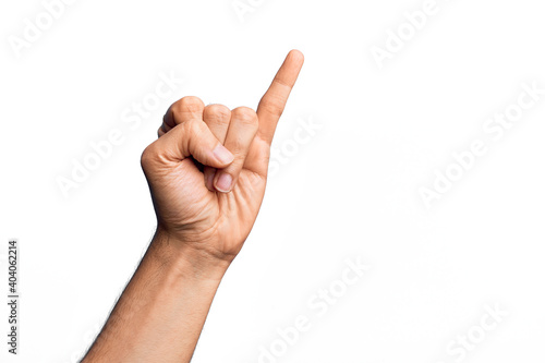 Hand of caucasian young man showing fingers over isolated white background showing little finger as pinky promise commitment, number one