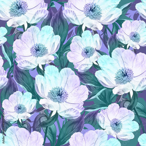 Seamless Pattern - multicolored light flowers on dark background. 