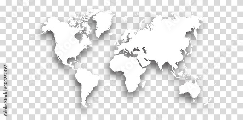 white World map with shadow - vector illustration of earth map on transparent background