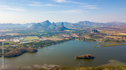 Aerial view of Sub Lek reservoir with mountain at Lopburi THAILAND