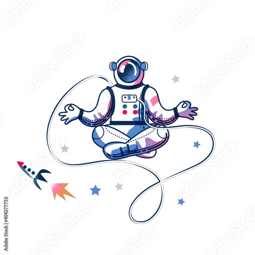 Funny astronaut meditating in space. Man in spacesuit sitting in calming lotus position. Space exploration fun entertainment vector illustration. Cosmonaut in universe, stars and planets