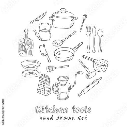 Collection of vector hand drawn kitchen tools. Vector illustration