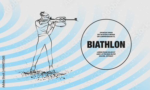 Biathlon girl shooting in the stand position. Vector outline biathlon ski illustration.