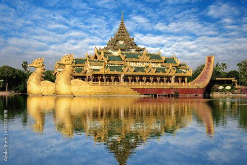 Burmese royal barge Golden Karaweik palace on Kandawgyi Lake in Bogyoke Park in Yangon, Myanmar (Burma) 
