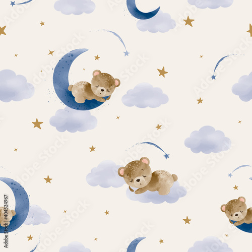Watercolor hand draw illustration brown teddy bear sleeping on the moon and clouds seamless pattern,invitations, baby shower, posters, wallpaper, kids fashion artworks.