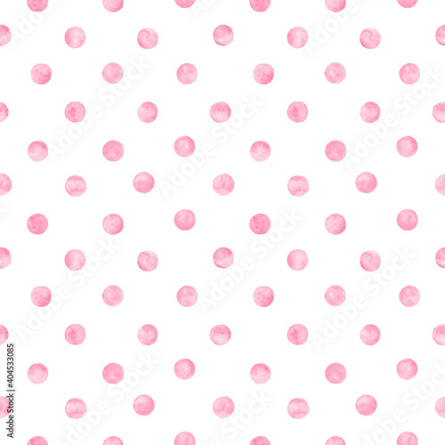 Polka dot pink watercolor seamless pattern. Abstract watercolour color circles on white background