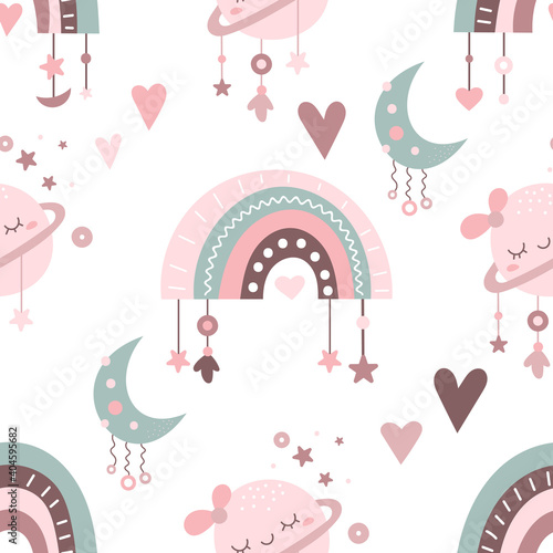Seamless pattern in pink boho style with magic rainbows. Vector kids illustration for nursery design, great for valentines day. Bohemian fabric design for baby clothes, wrapping paper.