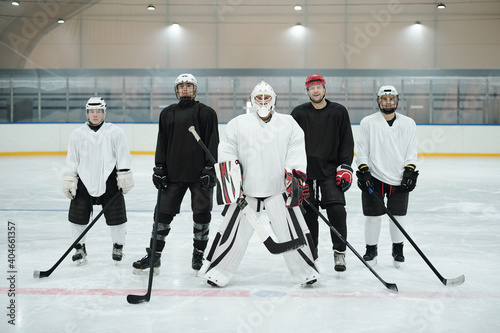 Professional hockey players and their trainer in sports uniform waiting for play
