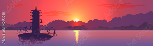 Tower silhouette with sunset. Realistic vector illustration background.