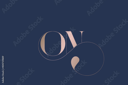ON monogram logo.Abstract typographic wedding, beauty icon.Decorative luxury letter o and letter n.Lettering sign isolated on dark fund.Alphabet initials.Rose gold uppercase characters.Swirl line.