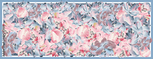 Delicate colors of silk scarf with flowering peony. Abstract seamless vector pattern with hand drawn floral elements. Trend colorful silk scarf with flowers. Size 180x70. Pink, blue, violet and white