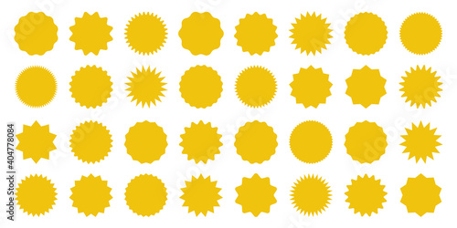 Yellow shopping labels collection. Sale or discount sticker. Special offer price tag. Supermarket promotional badge. Vector sunburst icon.
