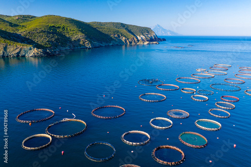 Aerial spectacular view at fishing farm in Greece. Aquaculture production.