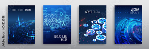 Abstract technology cover with various elements. High tech brochure design concept. Set of Futuristic business layout. Digital poster templates.
