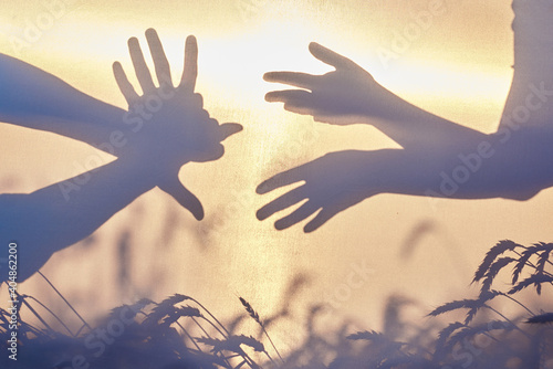 Shadow of male and female hands, showing monsters, fun creatures shapes in front of pale yellow sky at sunset. Shadow play with hands for children at natural background. Summer leisure entertainment.