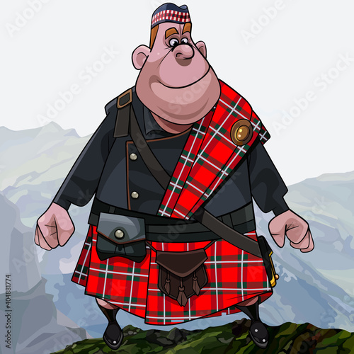 cartoon fat smiling redhead scottish highlander in kilt standing high in the mountains