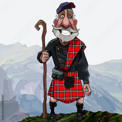 cartoon smiling gray haired Scottish highlander in a kilt with a staff in his hand stands high in the mountains