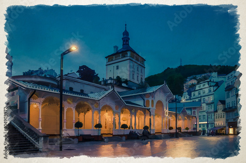 Watercolor drawing of The Market Colonnade Trzni kolonada wooden colonnade with lights and hot springs in town Karlovy Vary Karlsbad historical city centre
