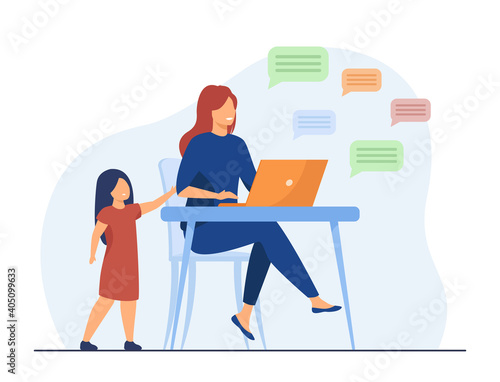 Lonely girl standing and mom chatting in social media. Laptop, child, parent flat vector illustration. Digital technology and communication concept for banner, website design or landing web page
