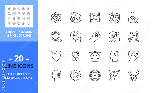 Line icons about core values. Business concept. Pixel perfect 64x64 and editable stroke