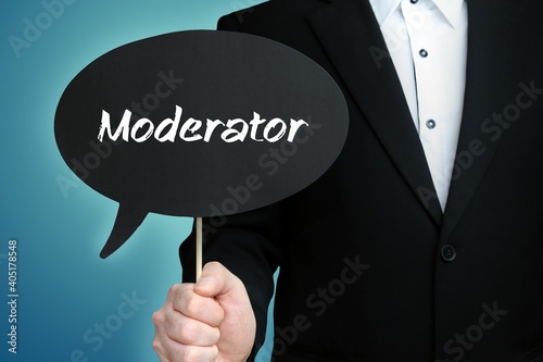 Moderator. Lawyer (Man) holds the sign of a speech bubble in his hand. Text on the label. Blue background