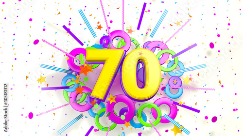 Number 70 for promotion, birthday or anniversary over an explosion of colored confetti, stars, lines and circles on a white background. 3d illustration