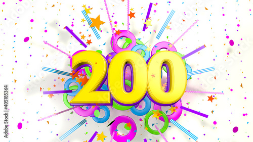 Number 200 for promotion, birthday or anniversary over an explosion of colored confetti, stars, lines and circles on a white background. 3d illustration