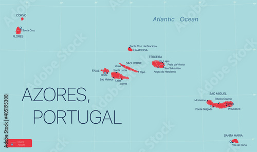 Azores islands, Portugal, detailed editable map with cities and towns, roads and railways. Vector EPS-10 file