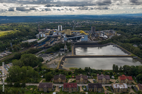 Coal mine in Poland. Mine janina in Libiaz. Industrial abstract sendimentation tank of mine in Poland. Industrial lake Aerial drone photo view