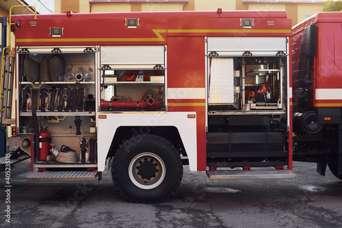 Close up view of firefighter's equipment that is inside of the truck