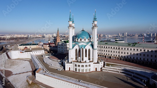 Kul Sharif Mosque, Kazan. Muslim architectural heritage, Aerial panoramic view of russian city Kazan. View from the Drone, Flying over the Point of interest 
