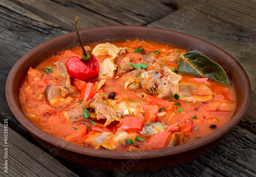 Traditional Hungarian chicken ventricles goulash soup. Zuza perkelt.