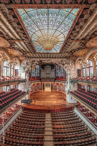 Barcelona, Spain - Feb 24, 2020: Balcony view of stained glass ceiling in Catalonia Music Hall