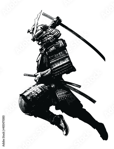 The black silhouette of a samurai flying into battle in an epic leap, he prepares to deliver a crushing attack with his katana. 2d illustration.