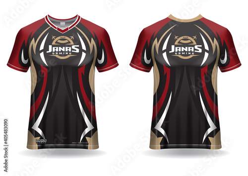 Esport gaming t shirt jersey template, uniform, front and back view 