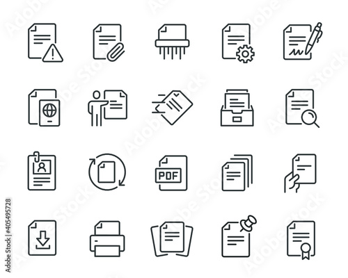 Document icons set. Collection of simple linear web icons such as Archive, Shredder, Printer, Send, Print, Format, Search, Customize, Download, Sign Document and others. Editable vector stroke.
