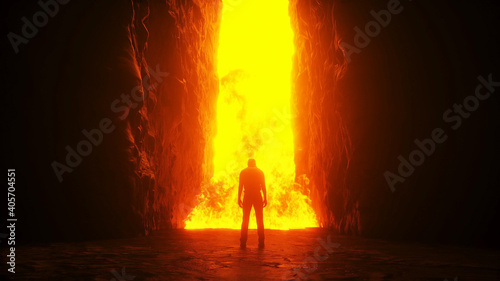 Sinner. A lonely sinfull man stands in front of a hell gates. Hell fire. Religious concept. 3d rendering.