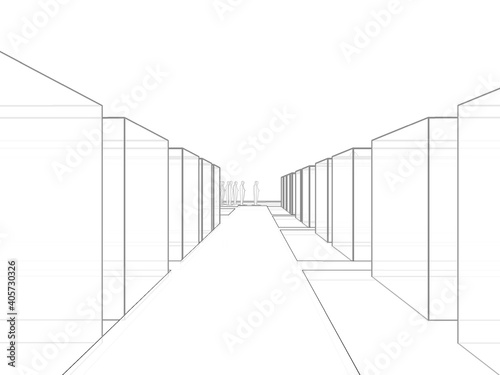 Abstract 3d illustration perspective of linear road with modular blocks at both sides. People seen at deep end of the road. Scene in transparent mode. 