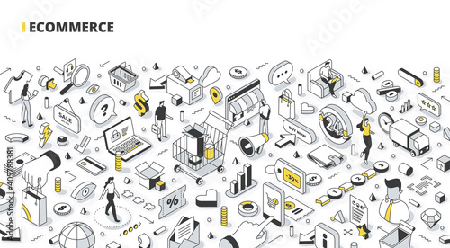 Business, e-commerce, and online shopping isometric banner. Abstract concept of searching  & purchasing items via the internet