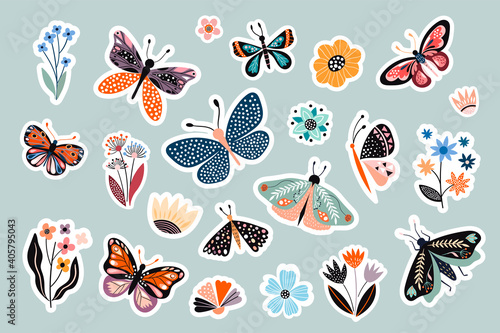 Moths, butterflies and flowers stickers collection, abstract decorative design
